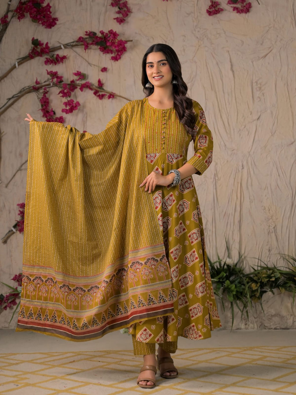 Devika Premium Temple Print Cotton Kurta Set