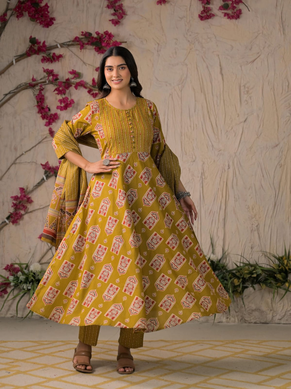 Devika Premium Temple Print Cotton Kurta Set