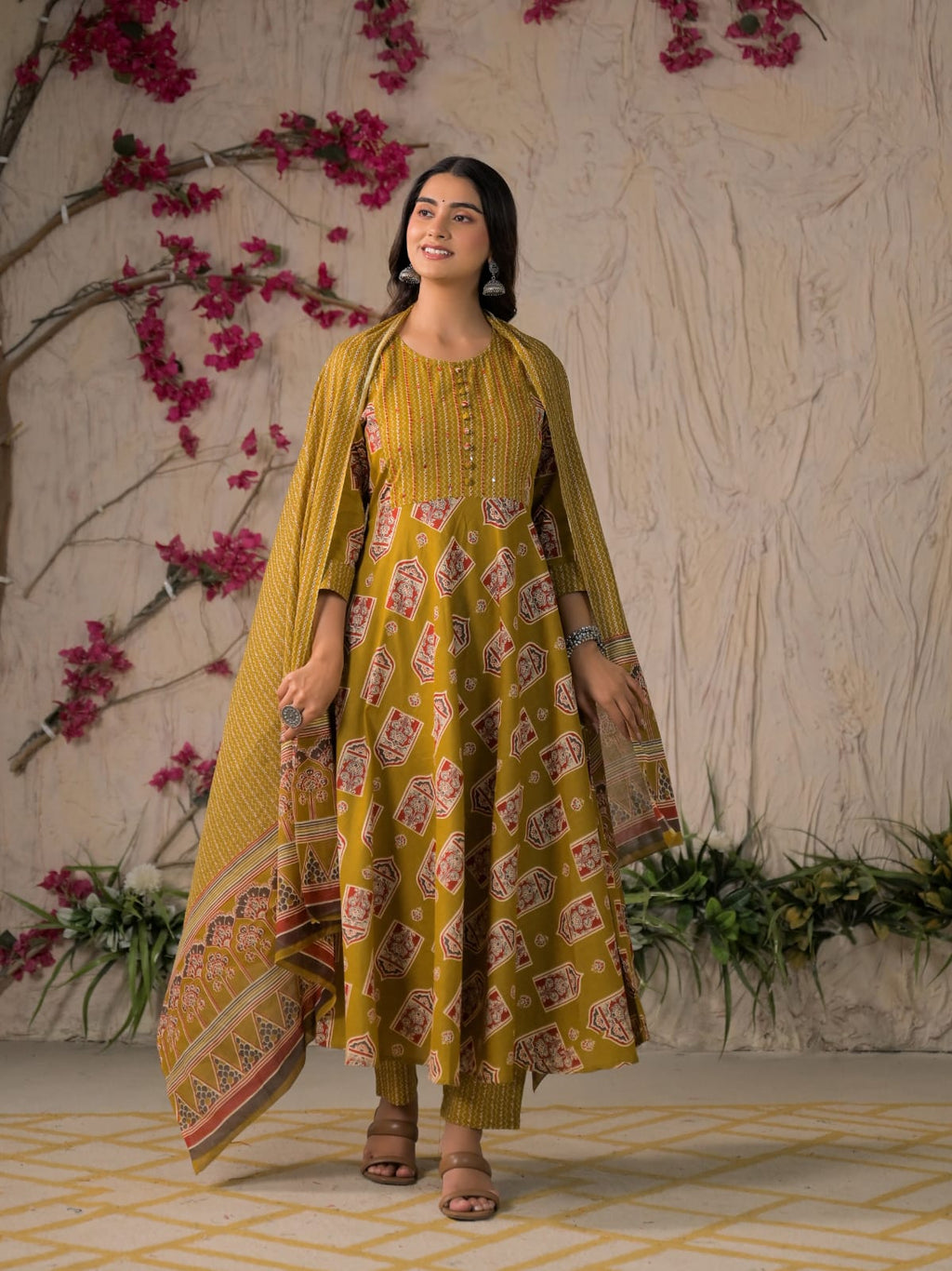 Devika Premium Temple Print Cotton Kurta Set