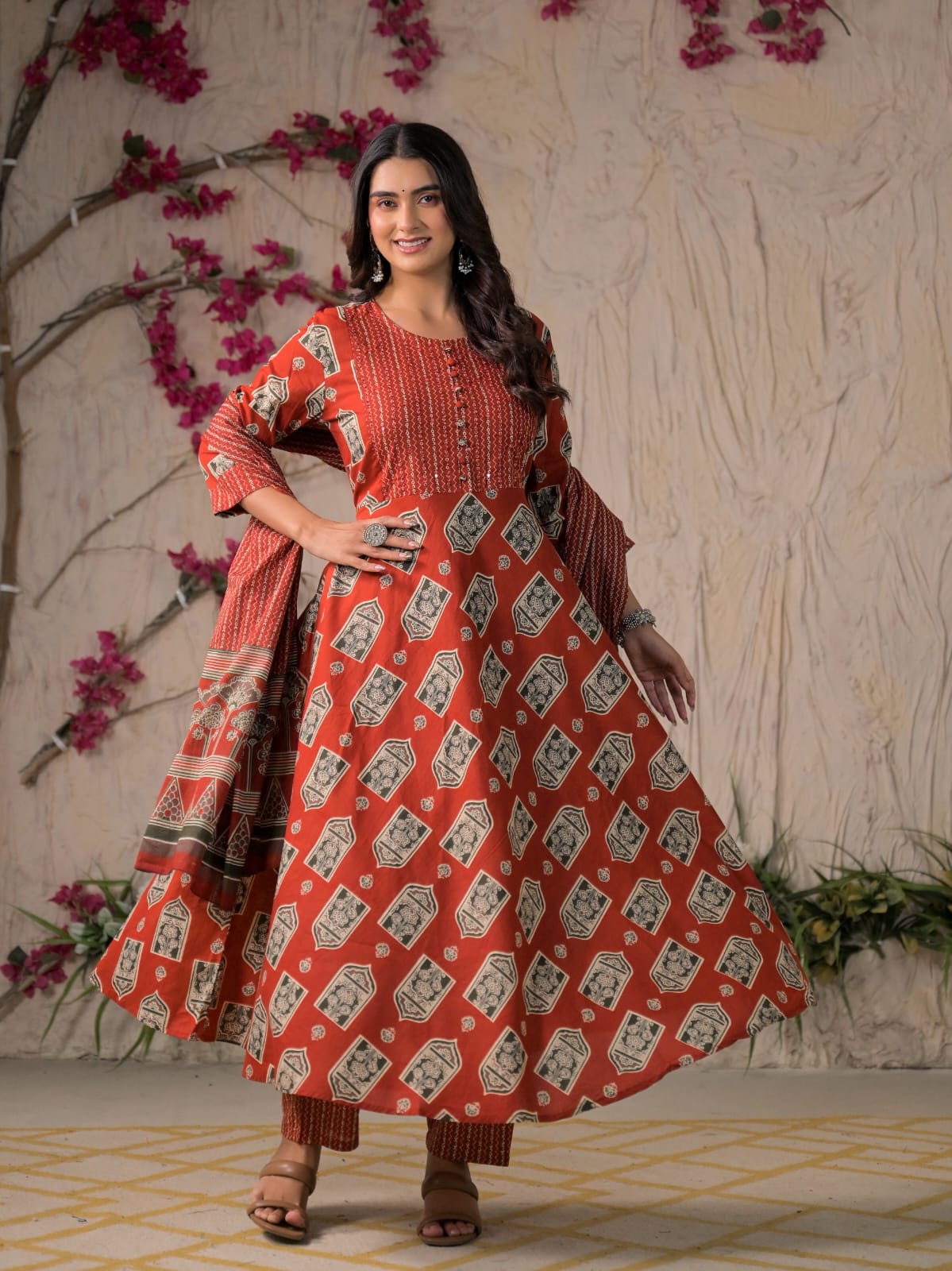 Devika Premium Temple Print Cotton Kurta Set